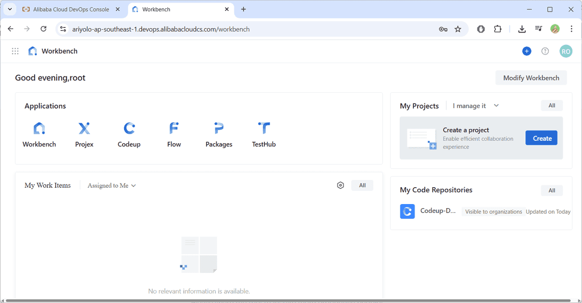 Tampilan dasbor Alibaba Cloud DevOps