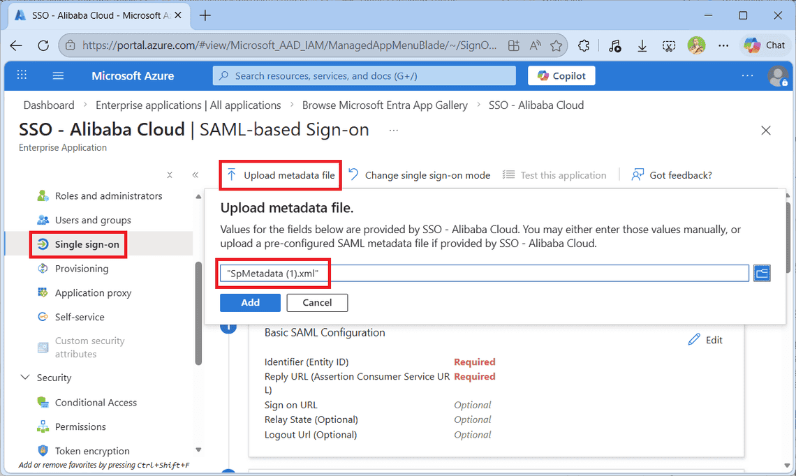 Unggah file Alibaba Cloud SP Metadata