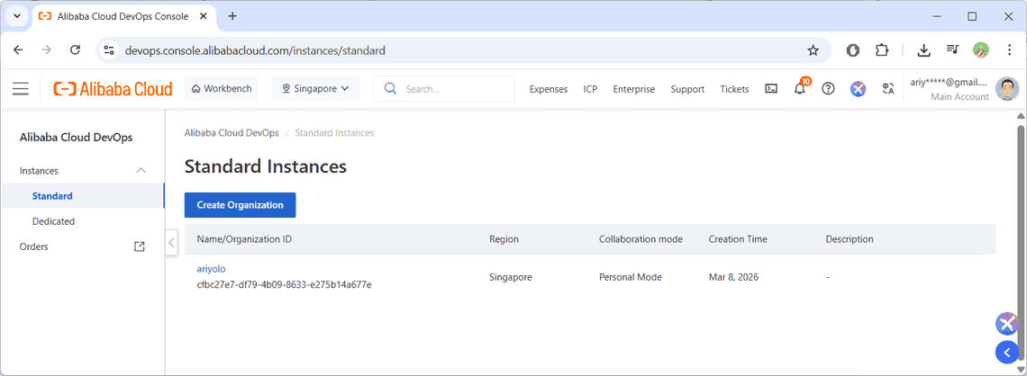 Nama organisasi muncul tanda bahwa berhasil dibuat