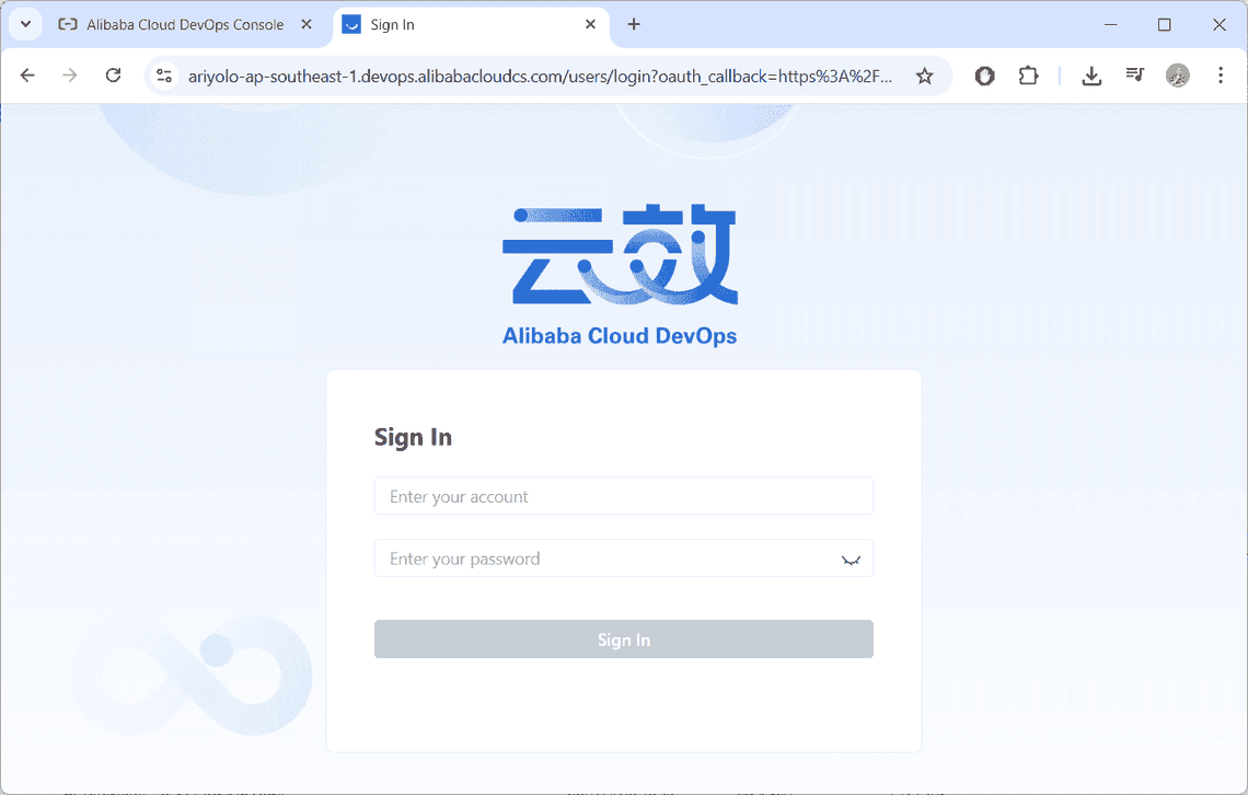 Tampilan login Alibaba Cloud DevOps