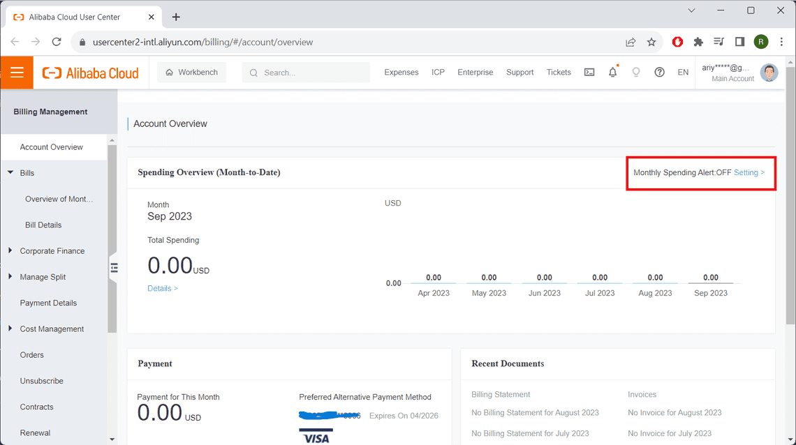 Tampilan dashboard billing di Alibaba Cloud