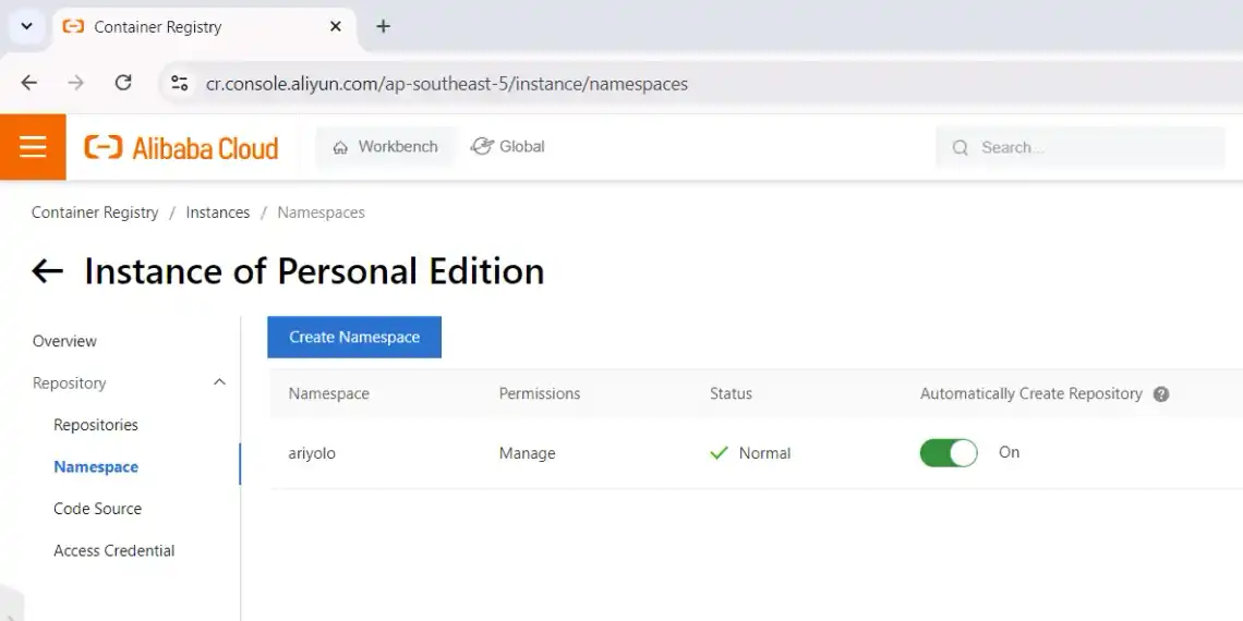 Tampilan namespace pada Container Registry Alibaba Cloud