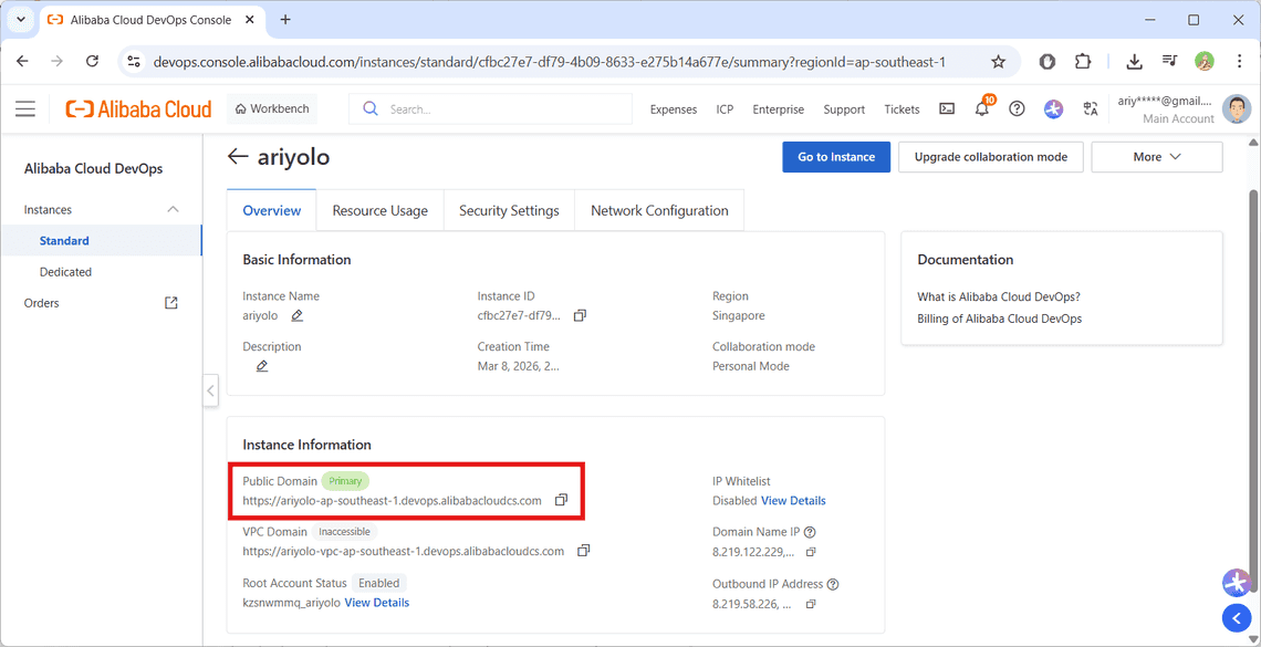 Alamat URL untuk mengakses Alibaba Cloud DevOps