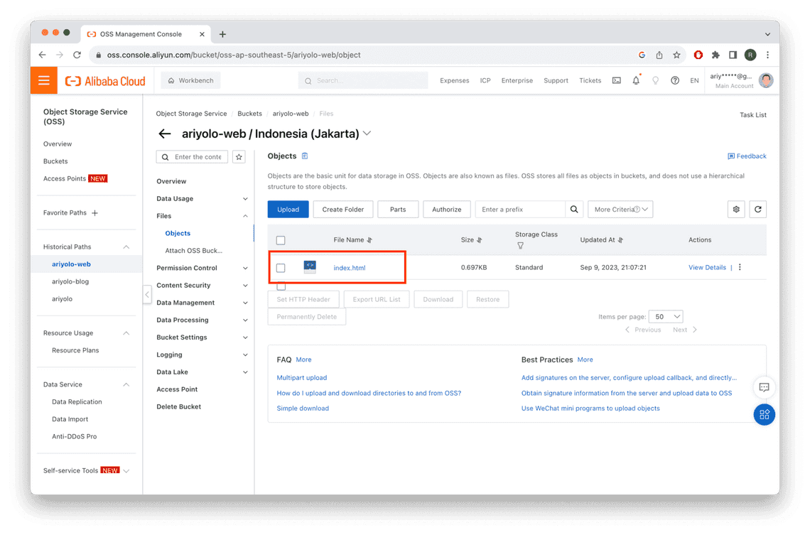 Tampilan index.html yang sudah diunggah ke OSS